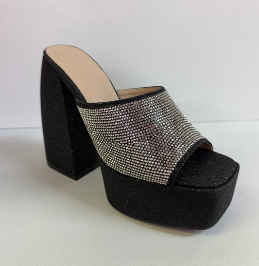 REFRESH-01 BLACK GLITTER FABRIC CHUNKY PLATFORM CURVED BLOCK HEEL MULE WITH THICK RHINESTONE VAMP