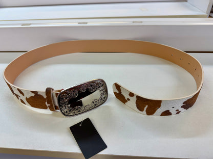 RANCHER FAUX COW HIDE BELT WITH SILVER PRONG BUCKLE