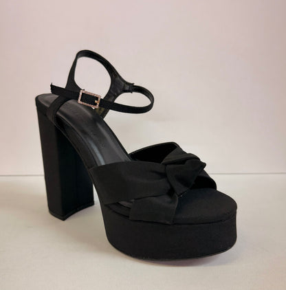 GENEVA-01 BLACK FABRIC KNOTTED STRAPS PLATFORM BLOCK HEELS