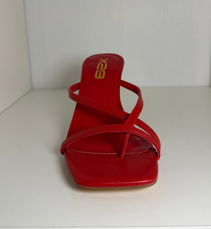 HALLIE-1 RED FAUX LEATHER STRAPPY SPLIT TOE SLIP-ON MULE KITTEN HEEL SANDALS