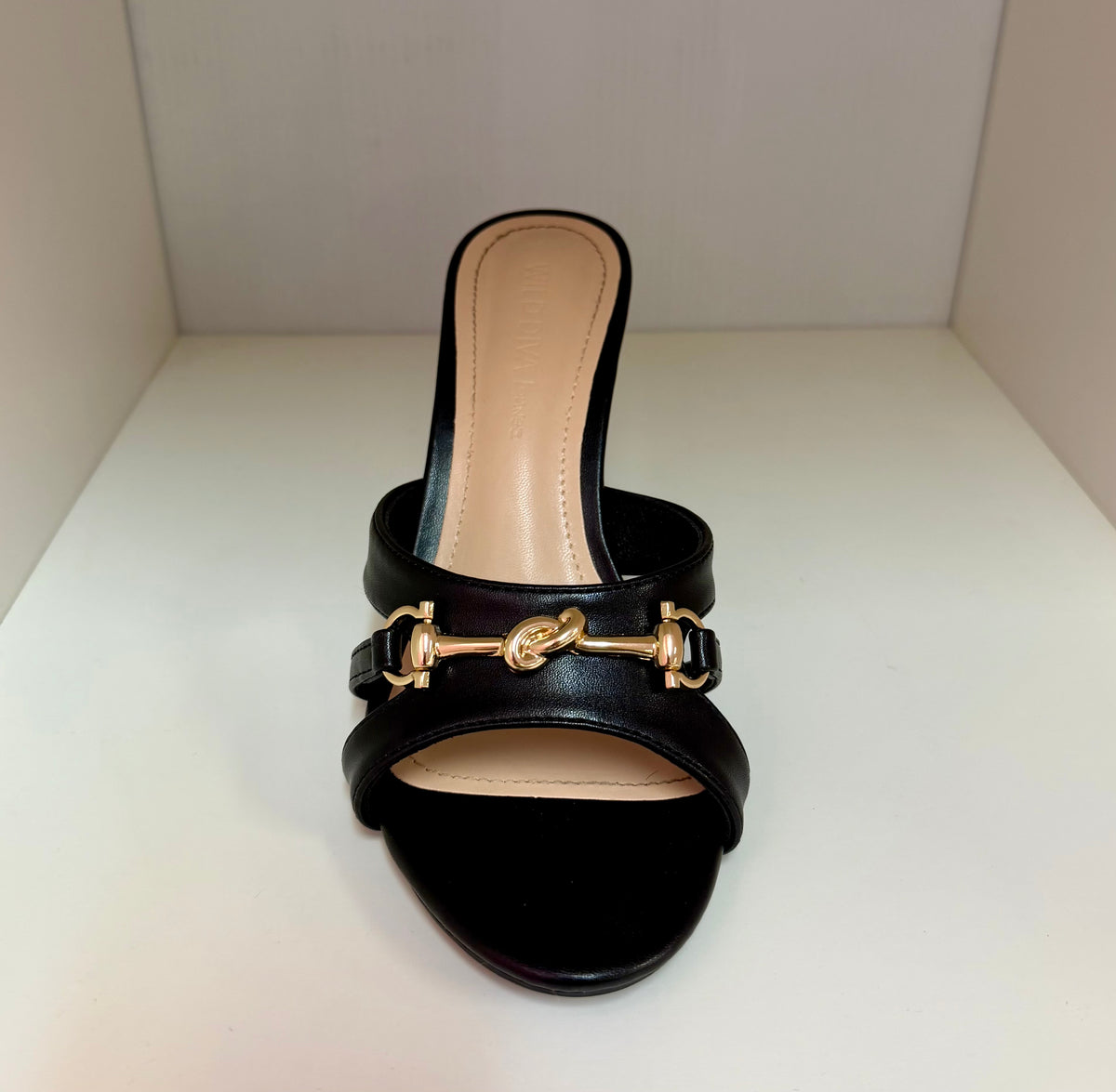 PROWL-07 BLACK FAUX LEATHER STRAPPY SLIP ON MULE STILETTO HEEL WITH GOLD FRONT DETAIL