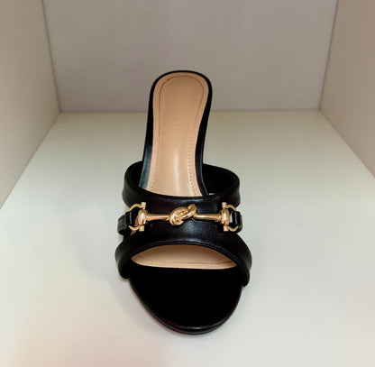 PROWL-07 BLACK FAUX LEATHER STRAPPY SLIP ON MULE STILETTO HEEL WITH GOLD FRONT DETAIL