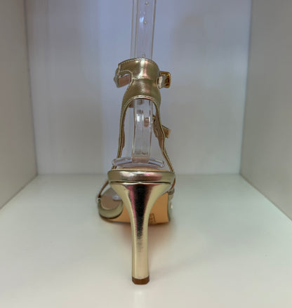 CLARICE GOLD PATENT STRAPPY OPEN TOE STILETTO HEEL WITH ANKLE STRAP AND ROUND TOE BASE