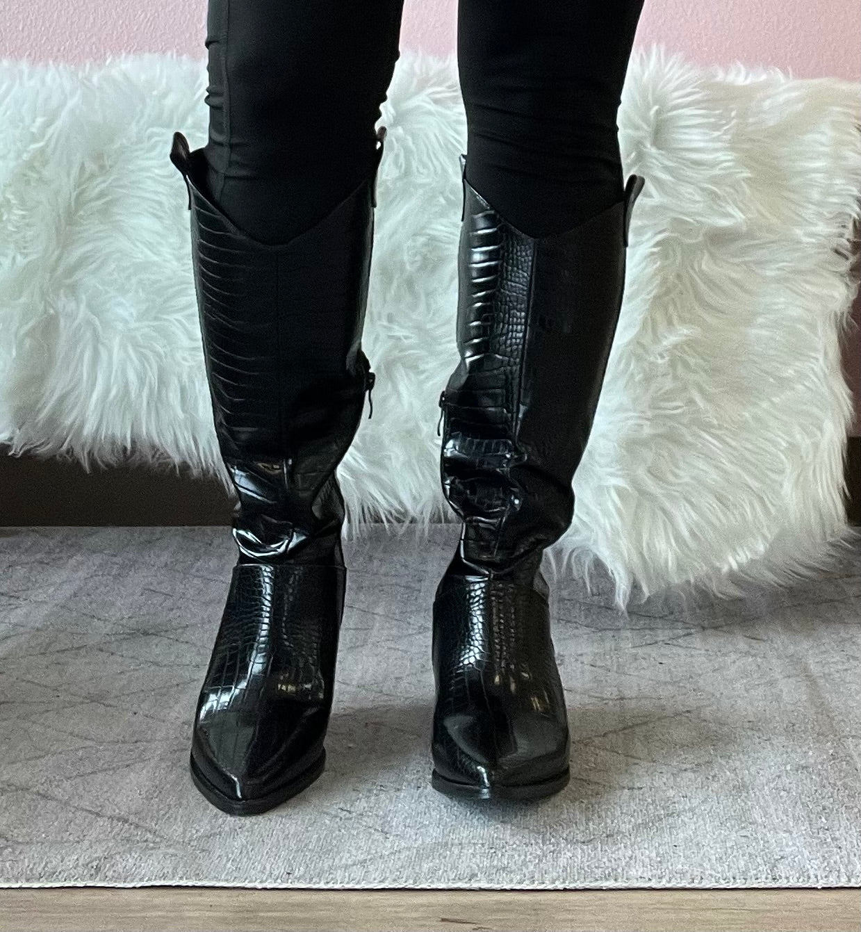 VANESSA-05 Black Croc Embossed Faux Leather Cowboy Boot - Western Styling - Pointy Toe