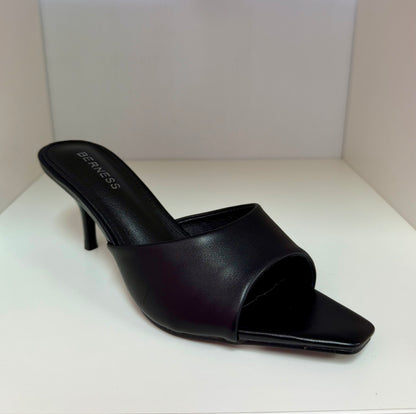 MONROE-05 BLACK FAUX LEATHER SLIP ON MULE KITTEN HEEL