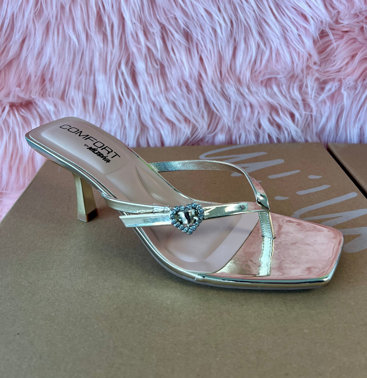 MERASA-12 Gold Faux Leather Kitten Heel Open Toe