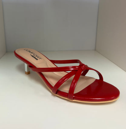 FINNA-01 RED PATENT LEATHER STRAPPY SLIP ON MULE KITTEN HEEL