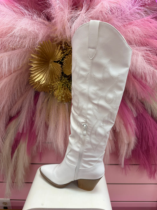 RIVER-17 WHITE FAUX LEATHER KNEE HIGH POITY TOE CLASSIC COWBOY BOOTS WITH TONE ON TONE STITCHING