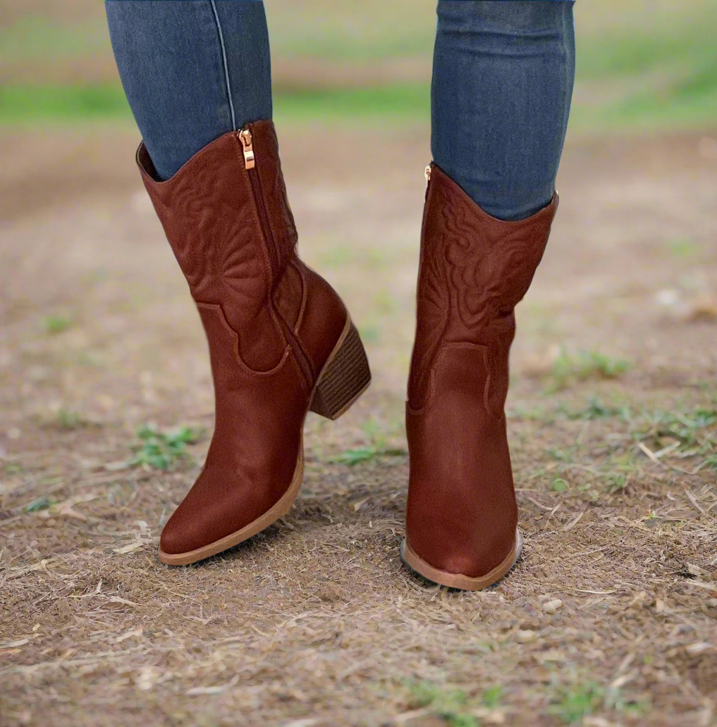 TEXAS-02 Camel Tan Vegan Leather Mid-Calf Cowboy Boot
