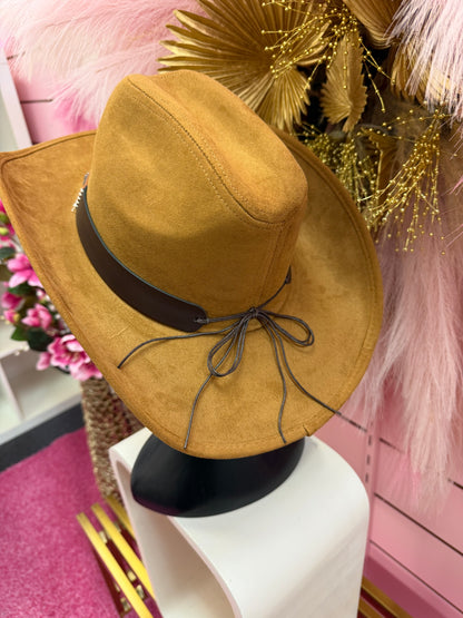 CARLY TAN FAUX SUEDE COWBOY HAT WITH PATCHWORK BROWN AND TAN BAND
