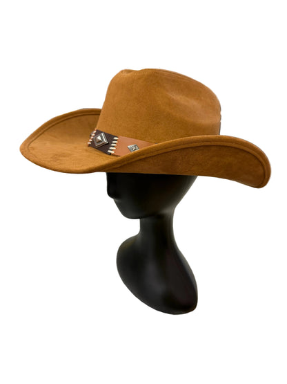 CARLY TAN FAUX SUEDE COWBOY HAT WITH PATCHWORK BROWN AND TAN BAND