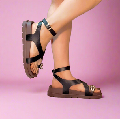 PROMISE Black Metal ring ankle strap sandal.