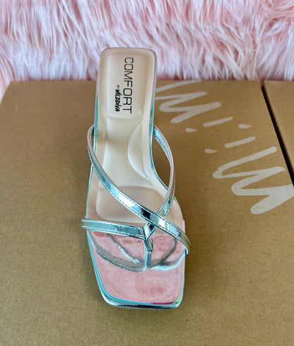MERASA-09 Silver Kitten Heel Open Toe Faux Leather