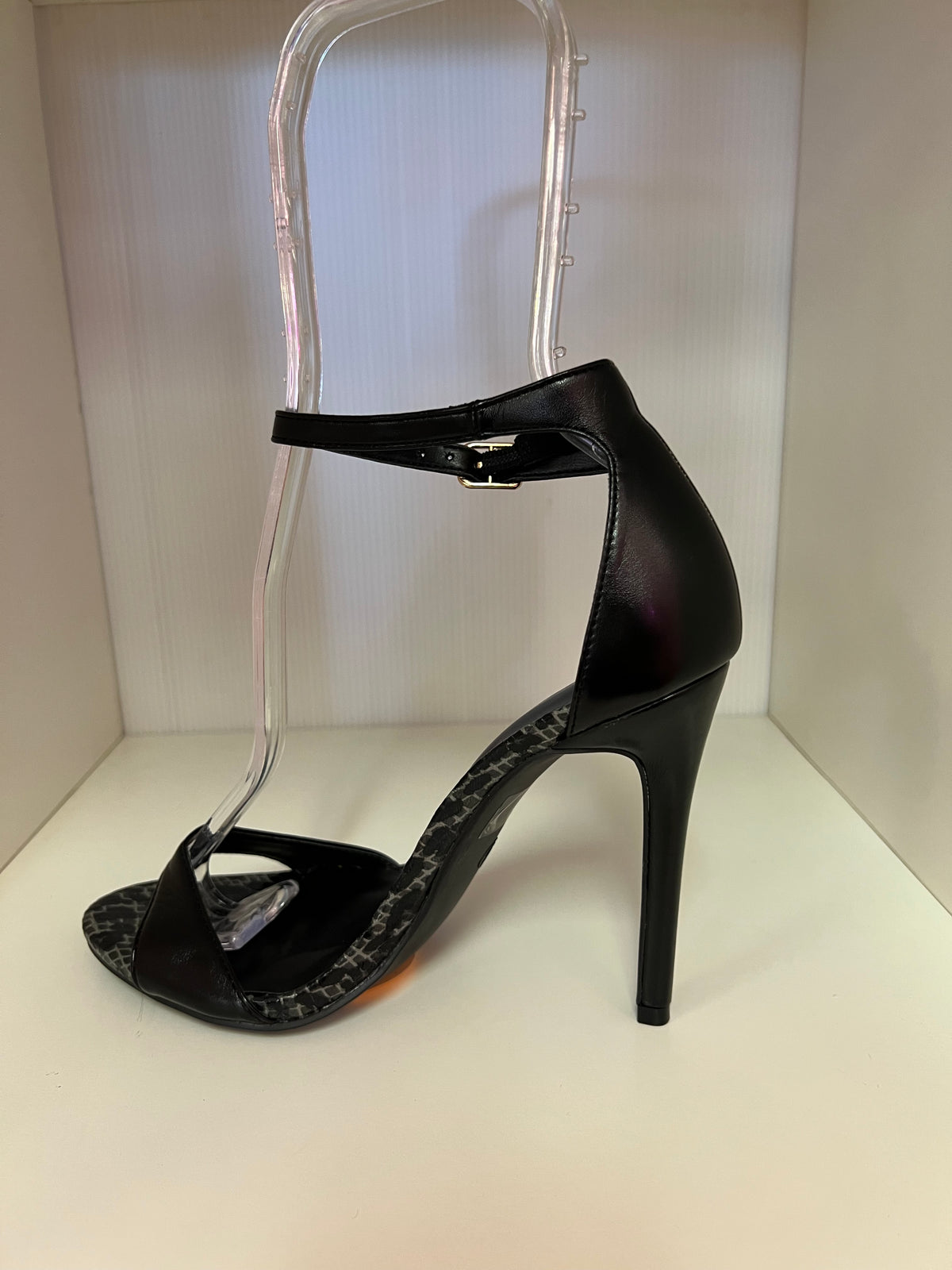 TAMPPA-01B BLACK FAUX LEATHER OPEN TOE STILEETO HEEL WITH ANKLE STRAP AND SNAKE-PRINT FOOTBED