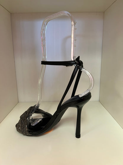 NARI-02 BLACK FAUX LEATHER OPEN TOE STILETTO WITH KNOTTED RHINESTONE VAMP