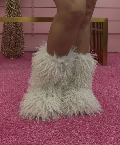 GOGO-3 OFF WHITE CURLY FUR SLIP ON BOOTS