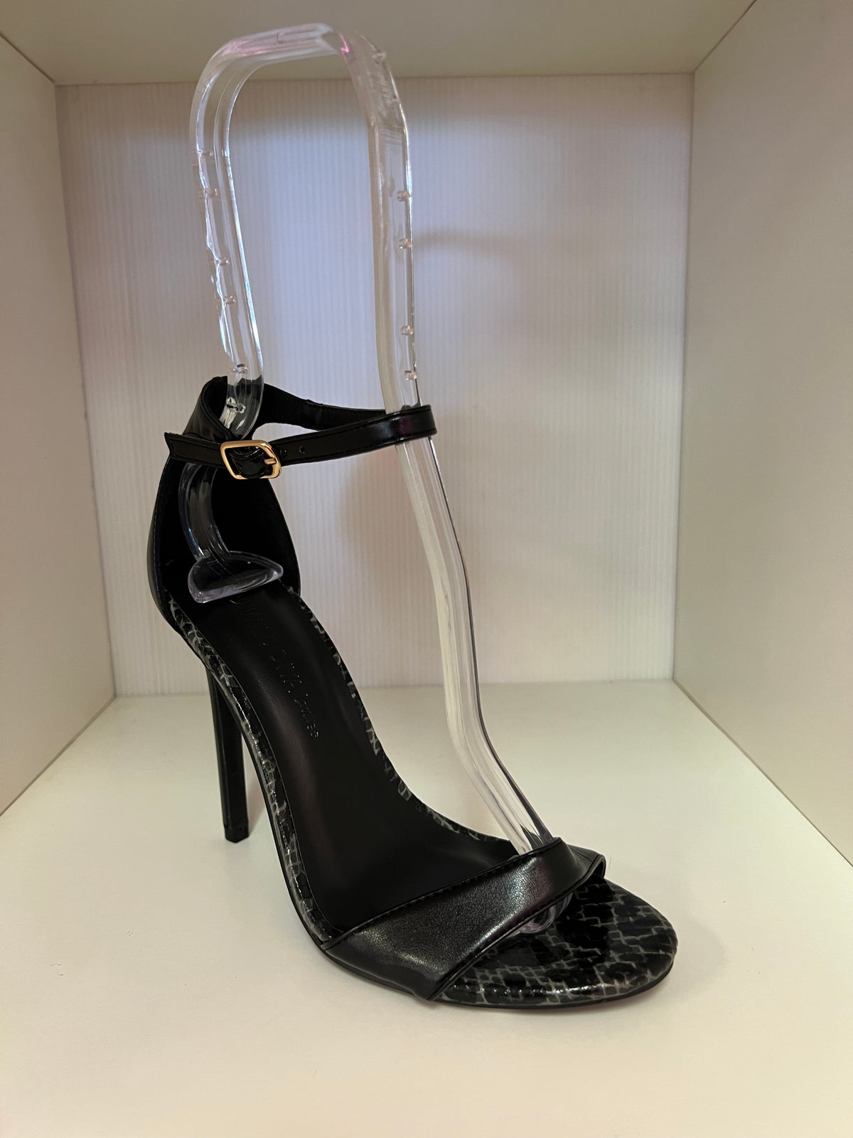 TAMPPA-01B BLACK FAUX LEATHER OPEN TOE STILEETO HEEL WITH ANKLE STRAP AND SNAKE-PRINT FOOTBED