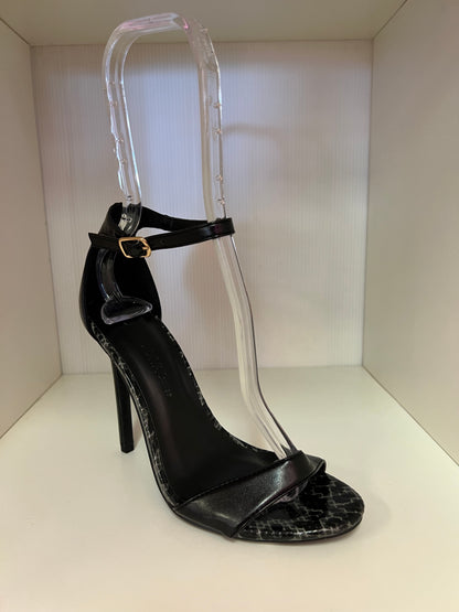TAMPPA-01B BLACK FAUX LEATHER OPEN TOE STILEETO HEEL WITH ANKLE STRAP AND SNAKE-PRINT FOOTBED