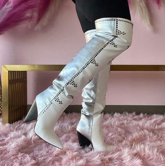 CANT STAND U White/Silver Thigh High