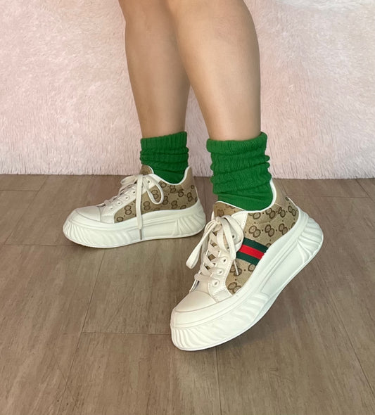 EVANDER-1 Tan Print Platform Sneaker - Low Top - Lace Up