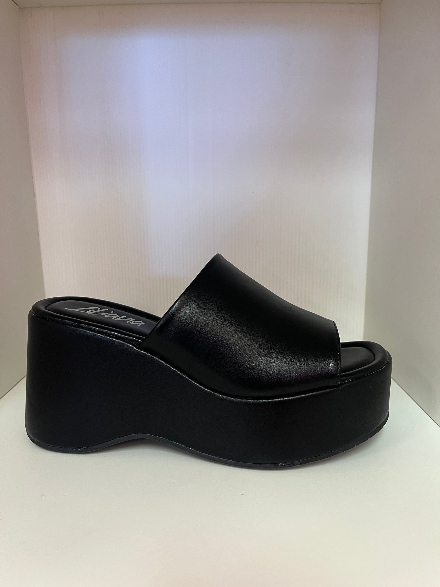EAGLE-1 BLACK PLATFORM WEDGE MULE SANDAL