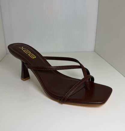 HALLIE-1 BROWN FAUX LEATHER STRAPPY SPLIT TOE SLIP-ON MULE KITTEN HEEL SANDALS