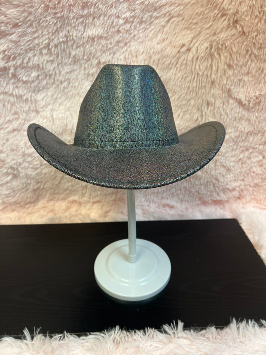 -cowboy hat with black base and iridescent glitter&nbsp;

-glittery poly fabric&nbsp;

-interior ribbon inside hat to customize size

-stiff, sturdy structure