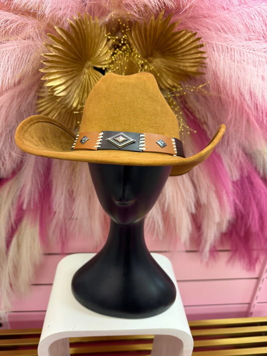 CARLY TAN FAUX SUEDE COWBOY HAT WITH PATCHWORK BROWN AND TAN BAND