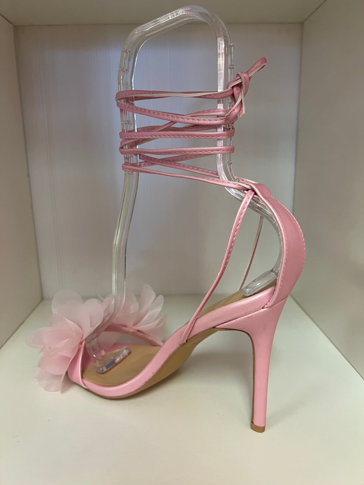 CARMINA-02 BABY PINK TIE UP OPEN POINTY TOE STILEETO HEEL WITH DELICATE FLORAL VAMP