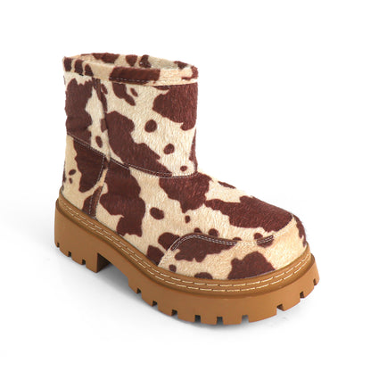 TORRIA-1 COW PRINT CHUNKY TOE WINTER ANKLE BOOT
