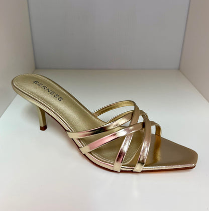 MONROE GOLD METALLIC FAUX LEATHER STRAPPY SLIP ON MULE KITTEN HEEL