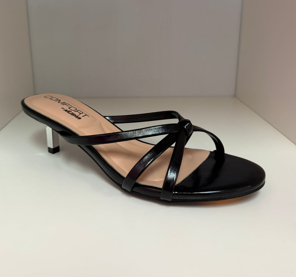 FINNA-01 BLACK PATENT LEATHER STRAPPY SLIP ON MULE KITTEN HEEL
