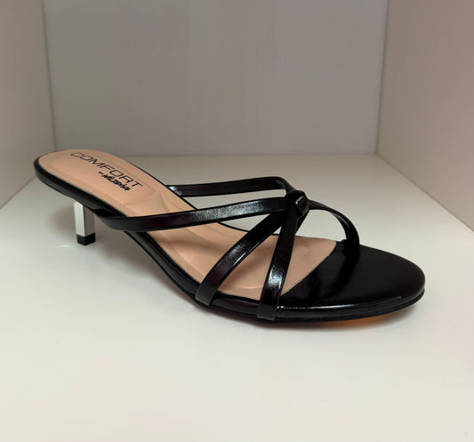 FINNA-01 BLACK PATENT LEATHER STRAPPY SLIP ON MULE KITTEN HEEL