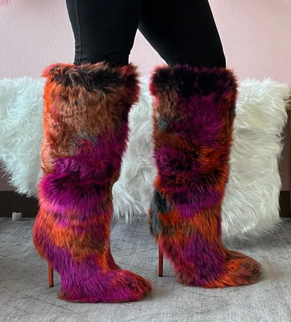 UPSETTER Orange Multi Faux Fur Boot - Stiletto Heel, approx 4" - Knee Boot