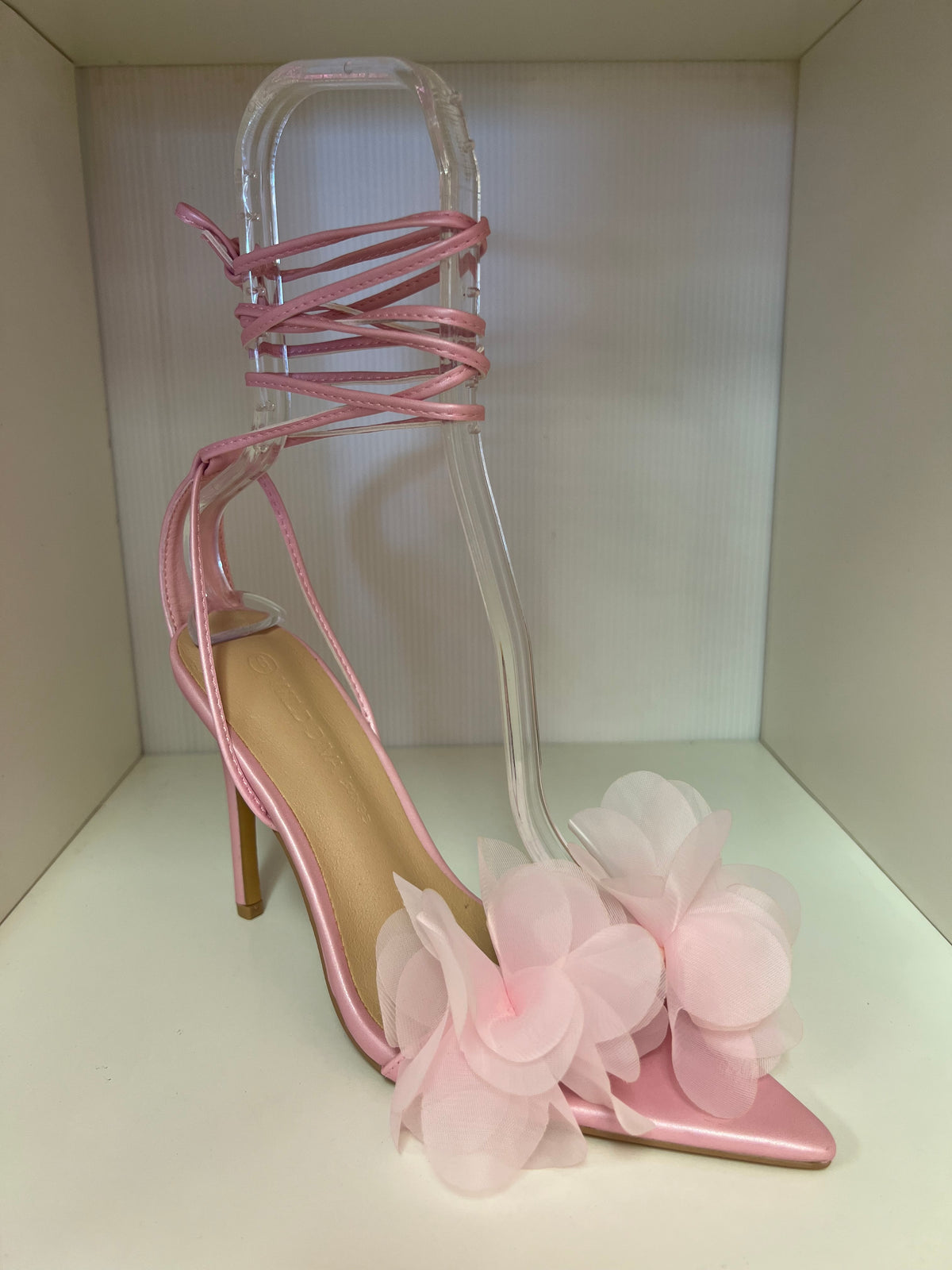 CARMINA-02 BABY PINK TIE UP OPEN POINTY TOE STILEETO HEEL WITH DELICATE FLORAL VAMP