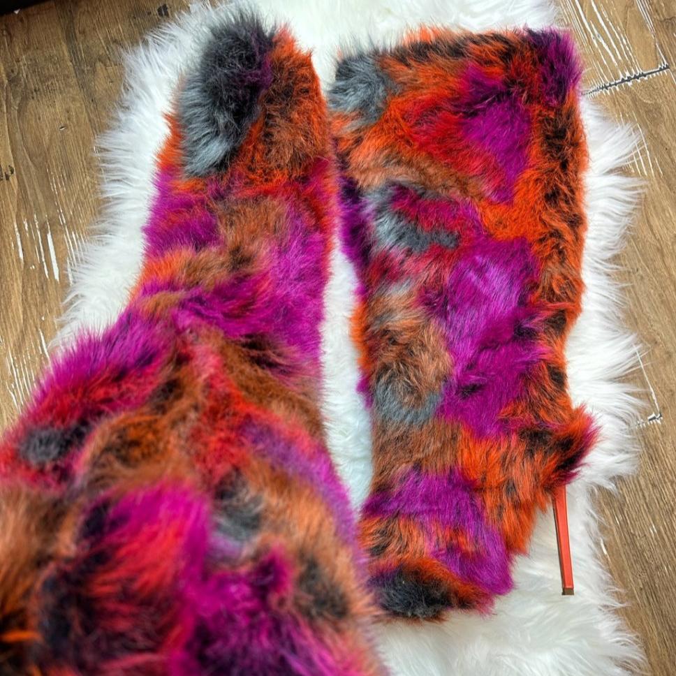 UPSETTER Orange Multi Faux Fur Boot - Stiletto Heel, approx 4" - Knee Boot