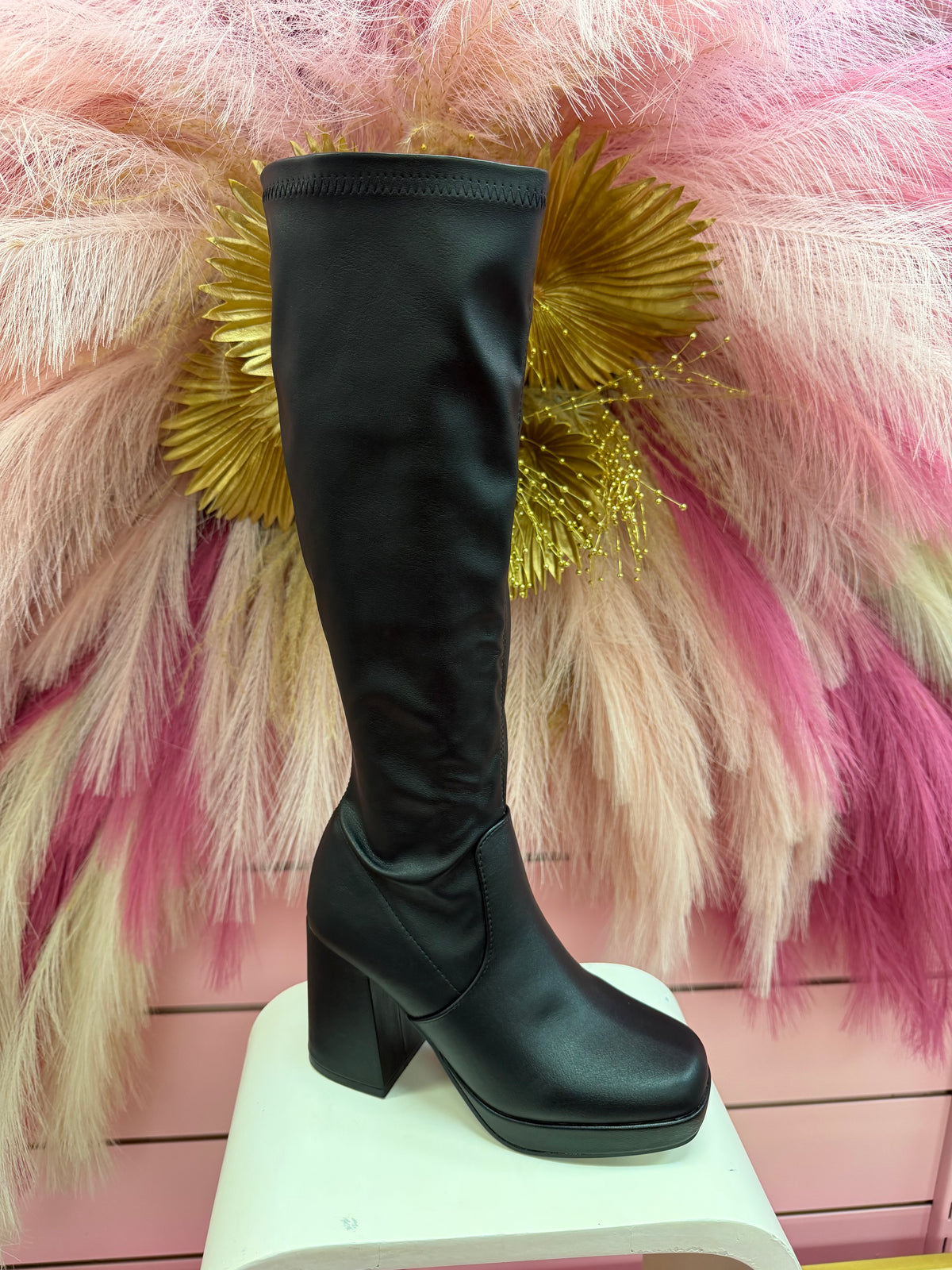 YOLA-02 BLACK FAUX LEATHER KNEE HIGH BLOCK HEEL PLATFORM BOOT