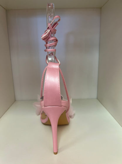 CARMINA-02 BABY PINK TIE UP OPEN POINTY TOE STILEETO HEEL WITH DELICATE FLORAL VAMP