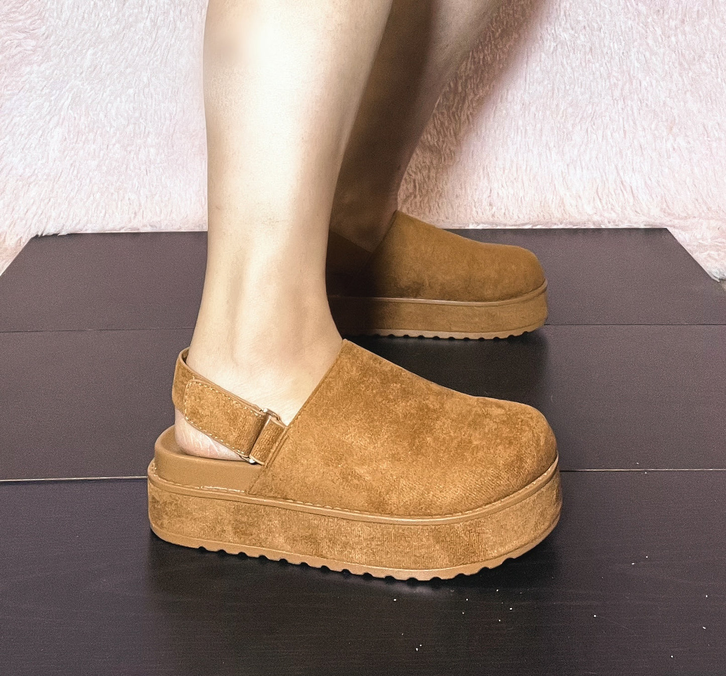 RENO-1 Tan Faux Suede Platform Clog Slingback