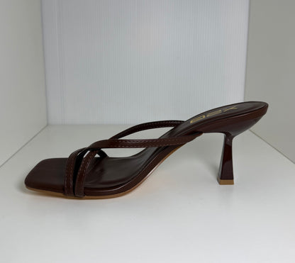 HALLIE-1 BROWN FAUX LEATHER STRAPPY SPLIT TOE SLIP-ON MULE KITTEN HEEL SANDALS