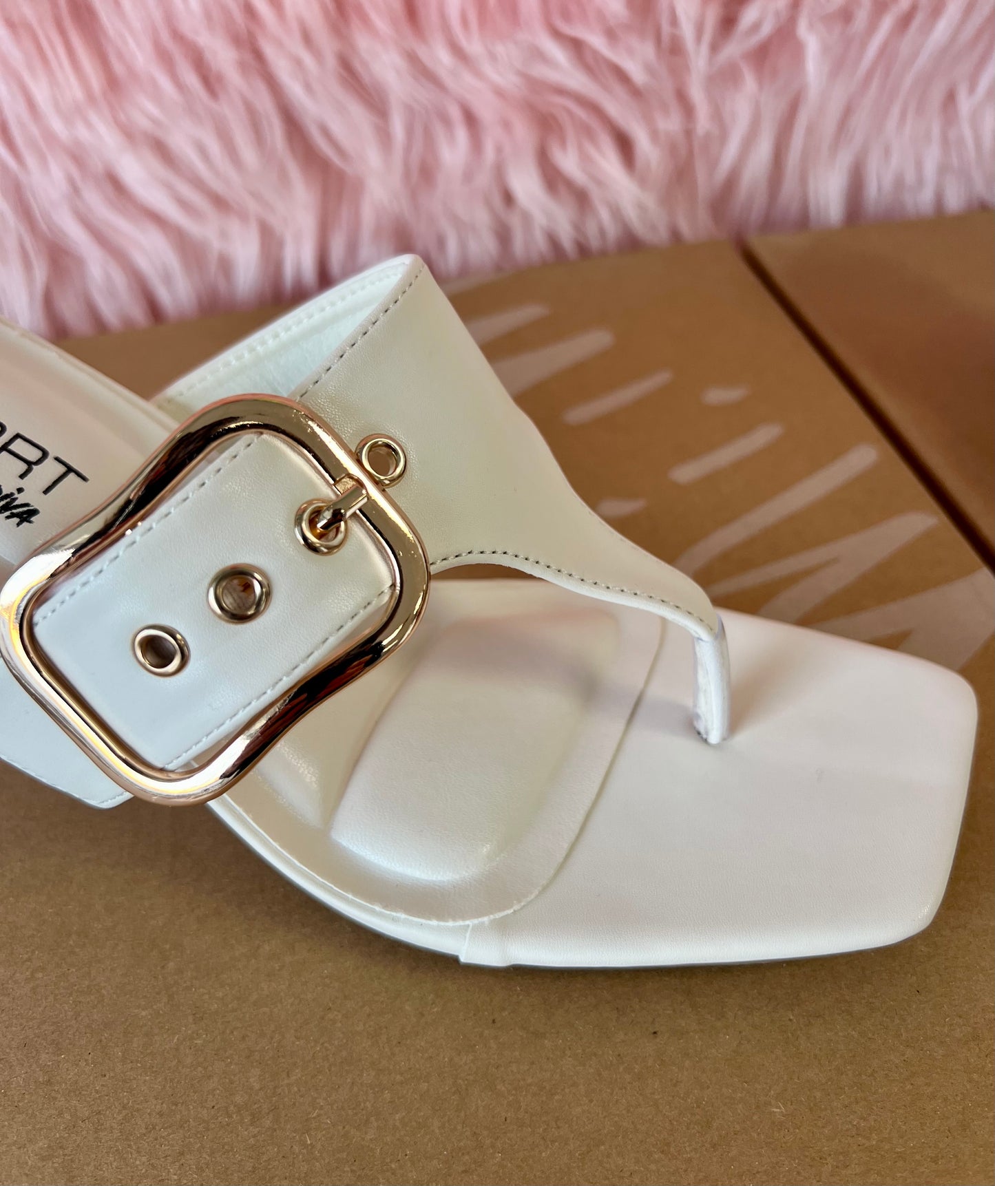 MERASA-13 White Stone Kitten Heel Split Toe Black Faux Leather - Slip On - Square Open Toe