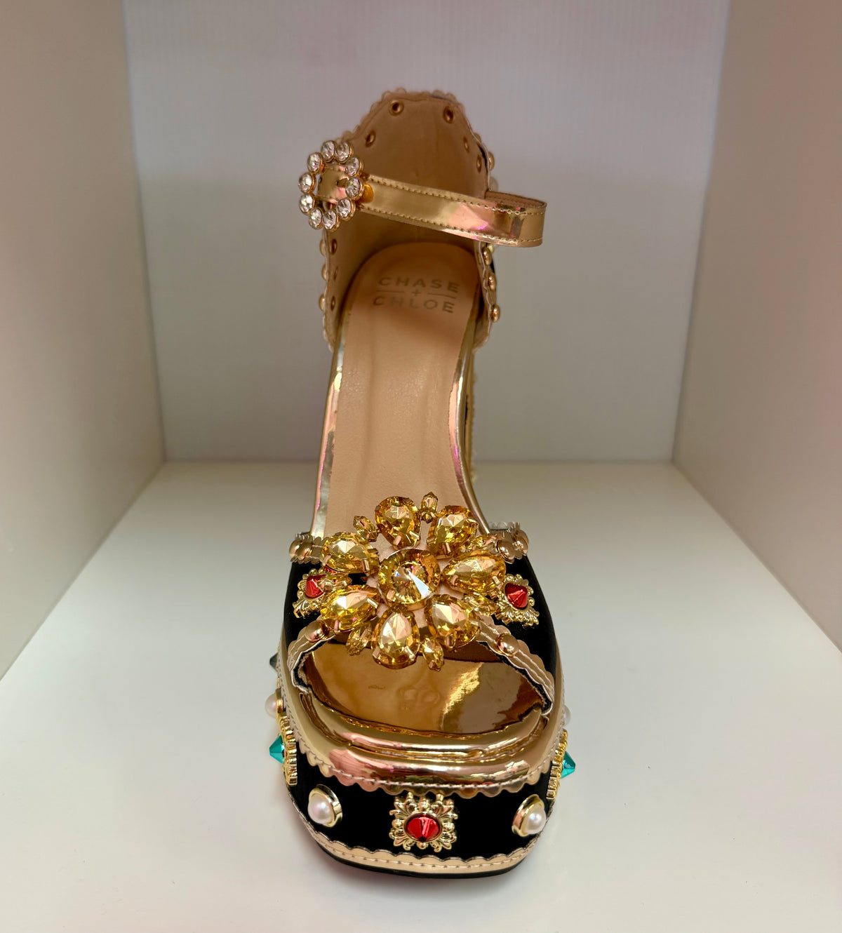 ROYAL-1 AG26 BLACK SATIN PLATFORM CHUNKY HEEL TRIMMED WITH GOLD FAUX LEATHER AND ALL OVER JEWELS