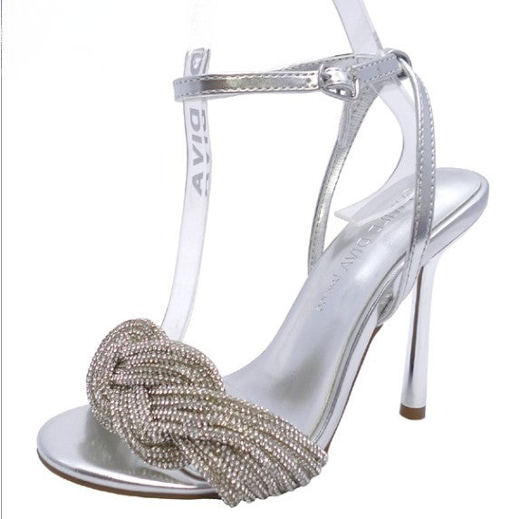 NARI-02 SILVER FAUX LEATHER OPEN TOE STILETTO WITH KNOTTED RHINESTONE VAMP