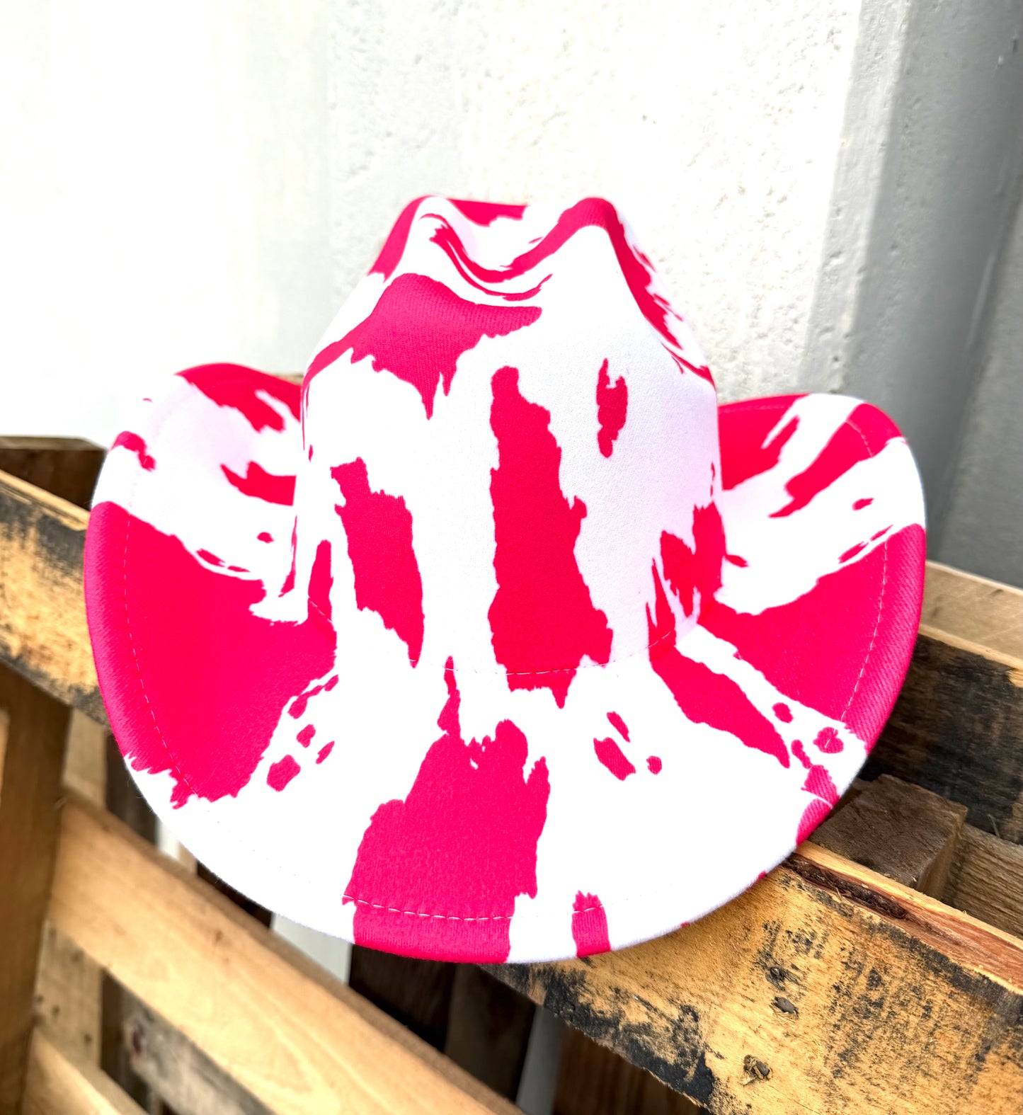 PLAINS HOT PINK AND WHITE FAUX WOOL COW PRINT COWBOY HAT