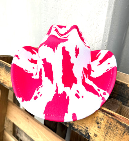 PLAINS HOT PINK AND WHITE FAUX WOOL COW PRINT COWBOY HAT