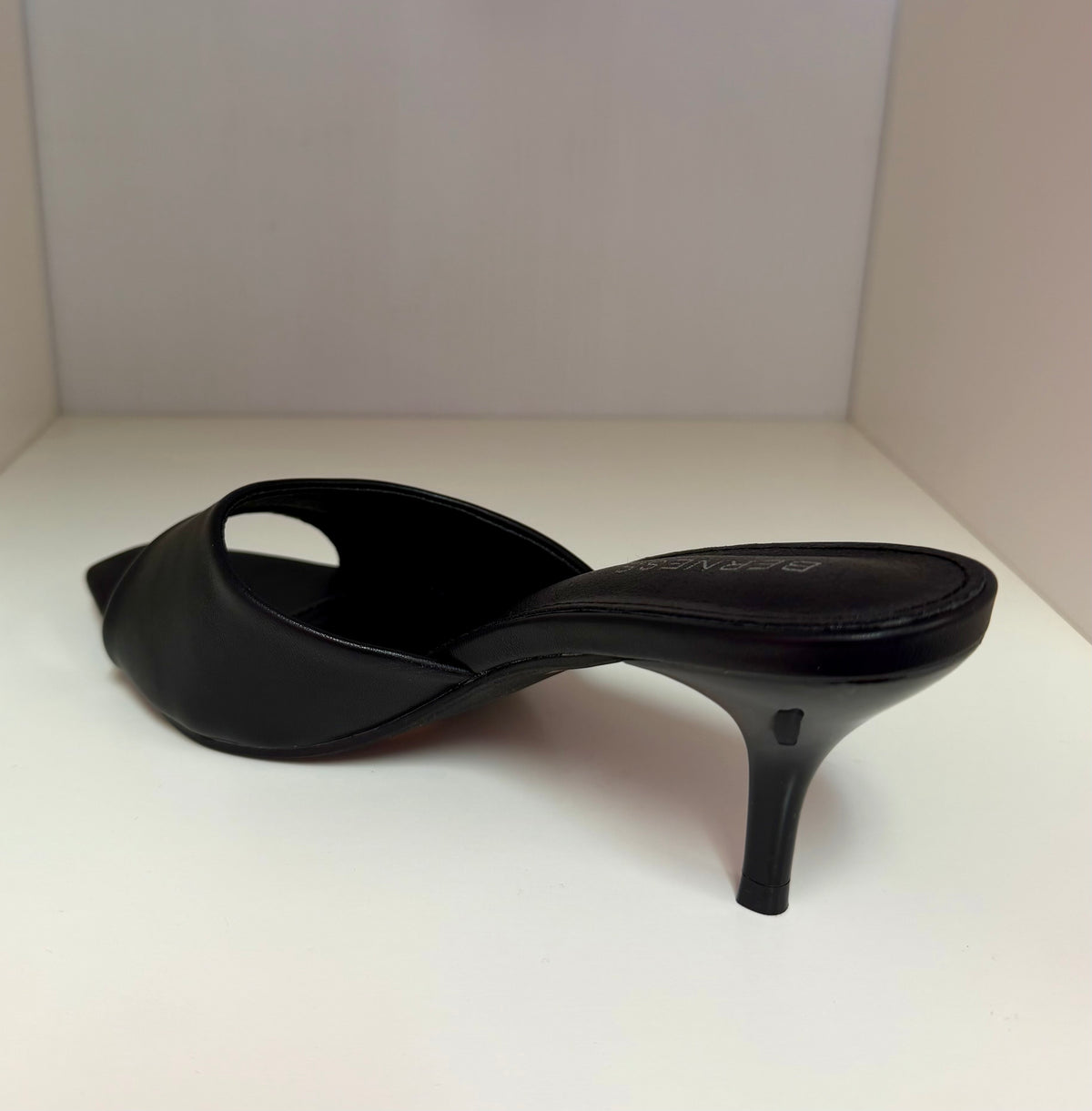 MONROE-05 BLACK FAUX LEATHER SLIP ON MULE KITTEN HEEL