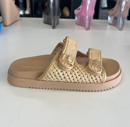 LYON-56 natural tan

- Beige Tan Open Weave Natural Raffia Sandal
- Open Toe
- Double Strap
- Slip On
- Flatform Sole, Approx. 1"