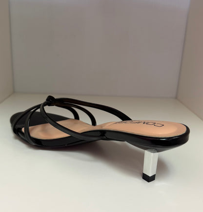FINNA-01 BLACK PATENT LEATHER STRAPPY SLIP ON MULE KITTEN HEEL