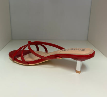 FINNA-01 RED PATENT LEATHER STRAPPY SLIP ON MULE KITTEN HEEL