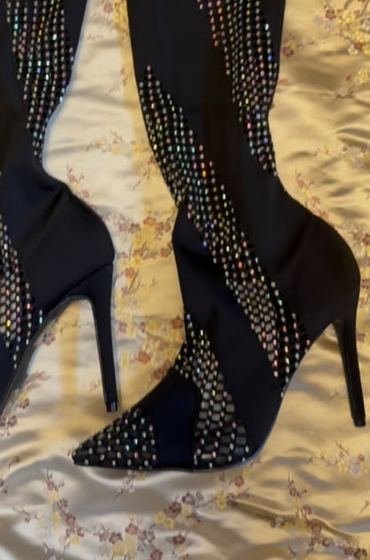 AZURA BLACK STRETCH RHINESTONE THIGH HIGH BOOTS